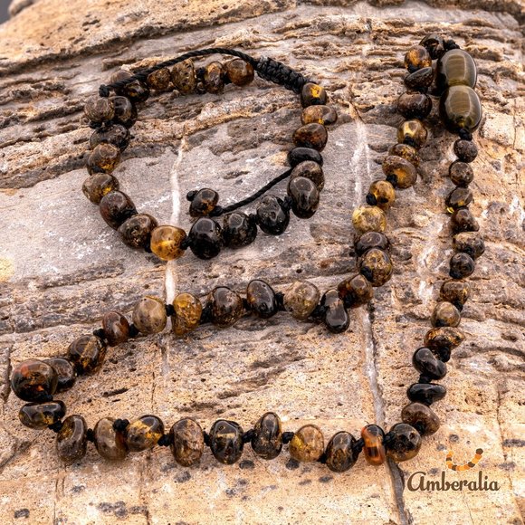 Baby Baltic Amber teething necklace and adjustable bracelet set-  Dark Green - - Picture 5 of 16